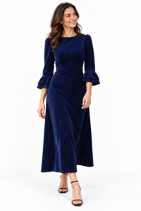 Vestido midi de pana azul marino para mujer con cuello redondo y mangas con volantes de tres cuartos - Product Image 3