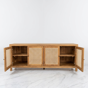 Rattan Cane Cabinet Solid Teak Wood 4 Door Woven Panel Round Knob Straight Leg Living Room Storage <b>Sideboard</b> Furniture Buffet - Product Image 3