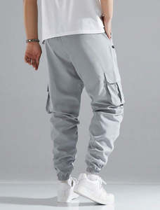 Pantalon de survêtement cargo gris pour homme, taille élastique, coupe ample, multi-poches, longueur normale, 100 % polyester, vêtements d'extérieur - Product Image 1