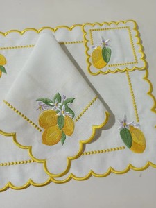 Custom Wholesale Luxury Embroidery Lemon Cotton <b>Placemat</b> Napkin Set Yellow Scallop Border Mats Machine Washable Home Wedding - Product Image 3