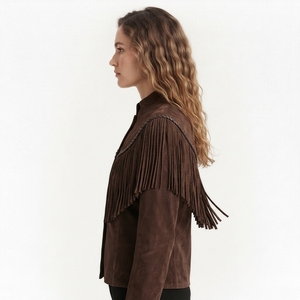 Brown <b>Fringe</b> <b>Suede</b> <b>Jacket</b> Stand Collar Short Sleeve Regular Fit Casual Outerwear for Autumn Winter - Product Image 5