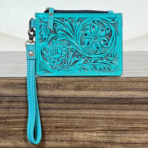 Cartera pequeña de cuero con diseño floral personalizado, monedero con grabado floral y tarjetero para tarjetas ATM, con correa para la muñeca, para uso diario. - Product Image 4