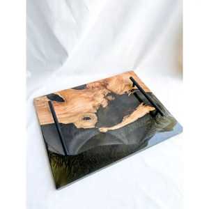 Premium Live <b>Edge</b> Wood and <b>Black</b> Epoxy Resin Serving Tray Modern Industrial Timber Platter with Matte <b>Black</b> Handles Art - Product Image 1