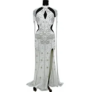 Robe de soirée élégante ornée de strass, sexy, avec découpe en V et fente haute, pour femmes - Product Image 3