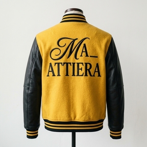 <b>Men</b> <b>Yellow</b> Black Letterman <b>Jacket</b> Leather Sleeves Wool Body Bomber <b>Jacket</b> Custom Embroidered Streetwear - Product Image 2