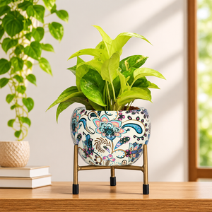 Vase à fleurs décoratif en métal avec support en fer, pot de fleurs moderne pour salon, chambre, balcon, jardin, bureau - Product Image 1