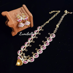 Fine Jewelry Set Peacock Style White & <b>Ruby</b> Stone Studded <b>Necklace</b> Rose Gold & Rhodium Plated Bridal & Daily Wear - Product Image 2