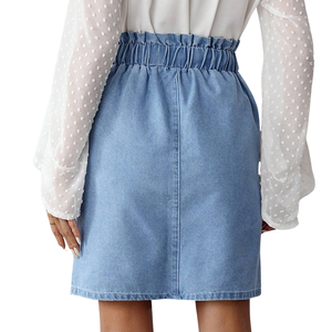 Mini-jupe en jean bleu clair pour femme, 100 % coton, taille haute, cordon de serrage, taille élastique, décontractée, avec poches, pour l'été et le quotidien - Product Image 2