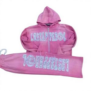 Pink Hooded Zipper Sweatshirt Women <b>Y2K</b> Glitter Print Letter Design Loose Fit Full Sleeve Spring Casual Tracksuit With Pockets - Product Image 3