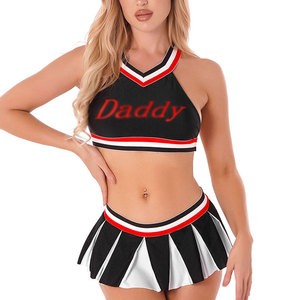 Uniforme de cheerleading pour adultes, jupe noire et blanche, logo imprimé par transfert thermique sur le devant, kit en spandex et polyester - Product Image 1