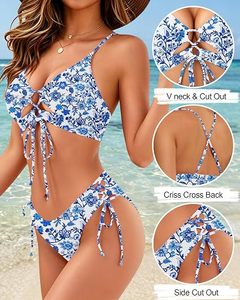 Ensemble de bikini bleu à fleurs pour femmes, maillot de bain deux pièces à col en V profond, bas à nouer sur le côté, extensible - Product Image 3