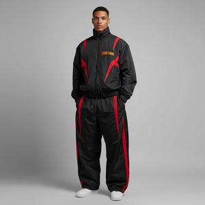 Conjunto Deportivo para Hombre, Chaqueta Deportiva Negra con Cierre Completo y Cuello Alto, Estilo Deportivo, Resistente al Viento, de Poliéster, para Otoño, Corte Regular, con Bolsillos Laterales - Product Image 1