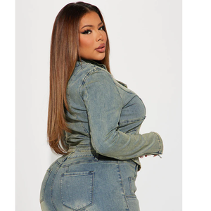 OEM Custom <b>Women</b> Cotton Knitted Paneled Zip <b>up</b> Denim Jacket and Matching <b>Jeans</b> Set Vintage Wash Slim Fit Streetwear Outfit - Product Image 4
