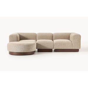 Sofá Modular Curvo Minimalista Moderno en Tela Bouclé Texturizada con Base de Madera Oscura Elegante - Product Image 1