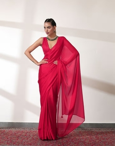 KV Ruby <b>Red</b> Chiffon Bollywood Style Saree With Unstitched <b>Blouse</b> - Product Image 5