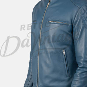 Veste en cuir bleu ardoise pour homme, matelassée losanges aux épaules, en véritable peau de mouton, coupe ajustée, automne-hiver, style décontracté, veste de motard - Product Image 6