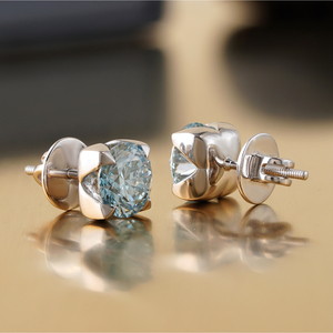 14K White Gold <b>Fine</b> <b>Stud</b> <b>Earrings</b> 3.29 CT Blue Round Lab Grown Diamond Cushion Bezel <b>Studs</b> - Product Image 3