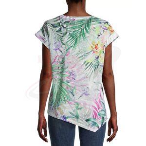 Camiseta Casual para Mujer con Estampado de Palmeras Tropicales y Adornos de Pedrería, Corte Regular, Primavera Verano, Tejido de Poliéster - Product Image 2