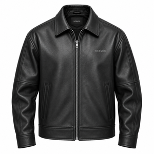 Blouson moto en cuir véritable noir pour homme Webson, col rabattu, fermeture éclair, coupe classique, style automne, best-seller personnalisé - Product Image 1