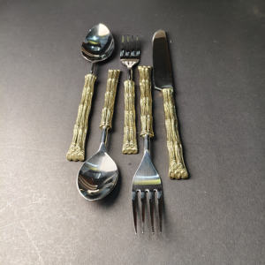 Ensemble de couverts en bambou doré avec manche articulé, style naturel créatif, acier inoxydable, 5 pièces, design bambou, vaisselle de table - Product Image 6