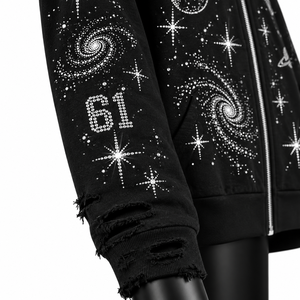 Sudadera con Capucha Negra Unisex con Cierre, Diseño de Galaxia Espacial con Brillantina y Pedrería, Estilo Casual Oversize para Otoño - Product Image 4