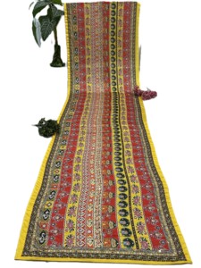 RN Traditional Indian Ethnic Digital Ajrak Print Elegant <b>Saree</b> Mirror Work for Women <b>Red</b> Yellow Floor Length Polyester Quick Dry - Product Image 6