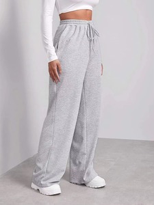 Pantalon droit gris en tricot de coton/élasthanne taille mi-haute pour femme AMS SPORTS INTL, coupe régulière, avec cordon de serrage, décontracté, longueur complète, rayé - Product Image 4
