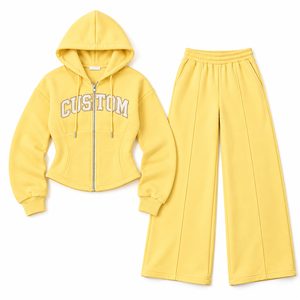 Ensemble de survêtement décontracté deux pièces en molleton épais pour femme, comprenant un sweat à capuche jaune personnalisé avec fermeture éclair et un pantalon de jogging à jambes larges - Product Image 3
