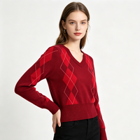 Pull en tricot à col en V pour femme, motif Argyle, manches longues, style preppy