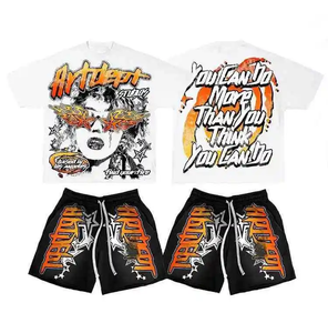 ชุดเสื้อยืดและกางเกงขาสั้นผ้าเทอร์รี่ระบายอากาศได้ดีสำหรับผู้ชาย สกรีนลายแบบ DTF DTG ประดับเพชร สไตล์สตรีทแวร์ ชุดสองชิ้นสำหรับฤดูร้อน รับผลิตแบบ OEM ผ้าฝ้าย 100% - Product Image 1