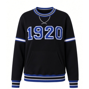 Sudadera de Felpa Personalizada con Parche de Chenilla Zeta Phi Beta para Mujer, Color Negro 1920, con Mangas a Rayas Blancas y Azul Rey - Product Image 1