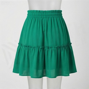 Jupe courte en mousseline de soie verte pour femmes, taille élastique, style décontracté d'été, coupe évasée avec cordon de serrage - Product Image 2