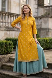 Ensemble Kurta jaune moutarde imprimé et palazzo vert sarcelle pour femme – Tenue ethnique élégante et festive - Product Image 3