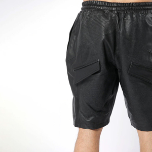 Men's Black PU Coated Bermuda Shorts Drawstring Waist Breathable Mesh Panels Casual Style With Pockets Mid Rise Woven Fabric - Product Image 4