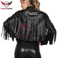 Veste en cuir noir personnalisable pour femmes détail à franges western lune de miel/enterrement de vie de jeune fille tenue en coton à rayures personnalisées