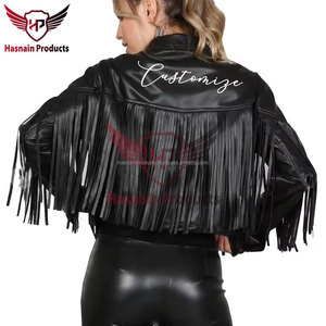Chaqueta de cuero negra personalizable para mujer, detalle de flecos occidentales, traje de fiesta de luna de miel/Despedida de soltera, rayas de algodón personalizadas - Product Image 4