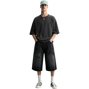 Men's Customizable Solid Embroidered Denim Shorts Baggy Wide Leg Knee Length High Street Style Vintage Ripped Quick Dry Jorts - Product Image 2