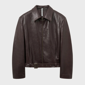 Men's Brown Leather <b>Jacket</b> Turn-down Collar Zipper Closure Belted <b>Short</b> Length Autumn Wear - Product Image 1