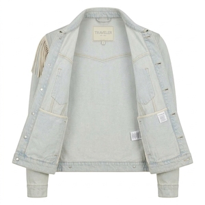Veste en jean délavé personnalisée avec franges en daim et pompons, style western, fabricant OEM ODM, manteau unisexe sur mesure pour camionneur - Product Image 5