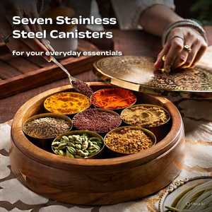 Handmade Wooden Spice <b>Box</b> – Indian Masala Dabba, Table top <b>box</b>, Wooden Spice Acacia Wood Spice <b>Box</b> with Brass Hand Etched Top - Product Image 3