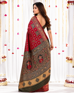 Sari de Seda Rojo AARA Fashion con Estampado Tradicional y Borde para Mujer, Ropa de Boda, Estilo India Pakistán, Protección Solar - Product Image 2