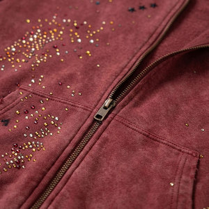 Sweat-shirt à capuche zippé pour homme, rouge, avec imprimé étoile en strass, en polaire, décontracté, pour l'automne - Product Image 4