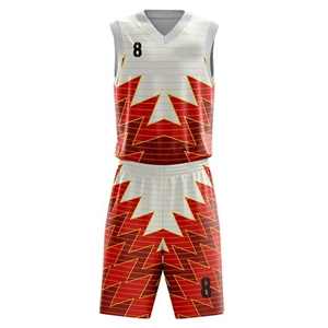 Ensemble short et maillot de basket personnalisé par sublimation, unisexe adulte, motif géométrique rouge et blanc, respirant, toutes saisons, coupe athlétique - Product Image 5