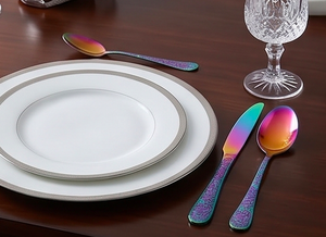 Ensemble d'ustensiles de table en métal plaqué arc-en-ciel avec motif floral, design glamour, résistant à la rouille, ustensiles de fête - Product Image 4