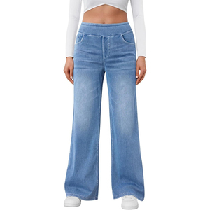 Pantalones Vaqueros de Cintura Alta, Pierna Ancha, Lavado Claro, Corte Holgado, Casuales para Mujer, con Bolsillos, Tela de Algodón, Estilo Primavera - Product Image 2