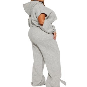 Custom Wholesale <b>Plus</b> <b>Size</b> Women Clothing Short With <b>Top</b> Solid Heather Grey Fleece Dropshipping winter track Pant Apparel - Product Image 2
