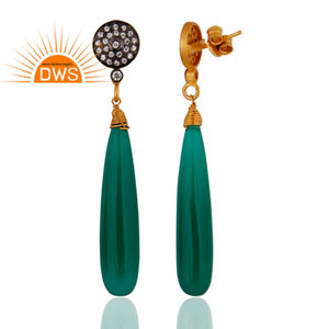 เครื่องประดับทำมือจากอินเดีย ดีไซน์สวยงาม ประดับด้วยเพทายสีขาวและพลอยสีเขียว ทำจากเงินแท้ 925 ชุบทอง 18K ต่างหู - Product Image 3