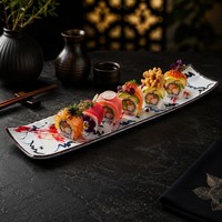 Plato de Sushi Artístico de Melamina Grado A5 de 17.5 Pulgadas con Borde Curvo, Plato para Rollos de Fusion Japonesa para Restaurantes Modernos, OEM