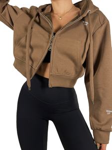 Sudadera corta con capucha para mujer, personalizada al por mayor, estilo urbano, ecológica, de poliéster/algodón, con cremallera completa, gris liso, con bordado. - Product Image 6