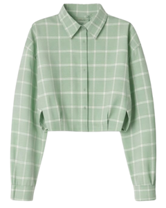 Chemisier court décontracté vert menthe à carreaux pour femme, col rabattu, manches longues, boutonné, fabrication OEM personnalisée - Product Image 1